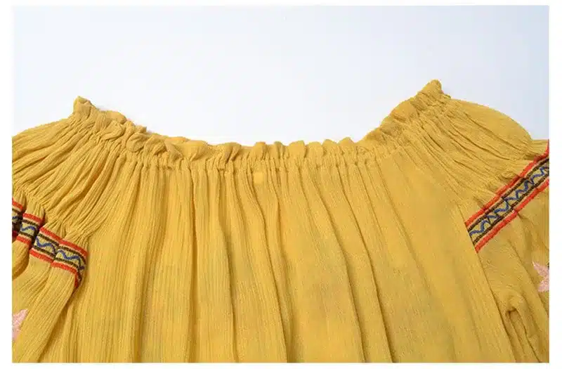 Women Beach Sexy Slash Neck Off Shoulder Embroidery Flower Floral Casual Dress Long Sleeve Cotton Yellow Short Mini Dress 18