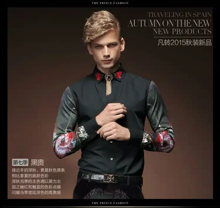 Free Shipping New fashion casual men's personality male Korean long sleeved shirt black embroidery flower shirt 2033 FanZhuan 16