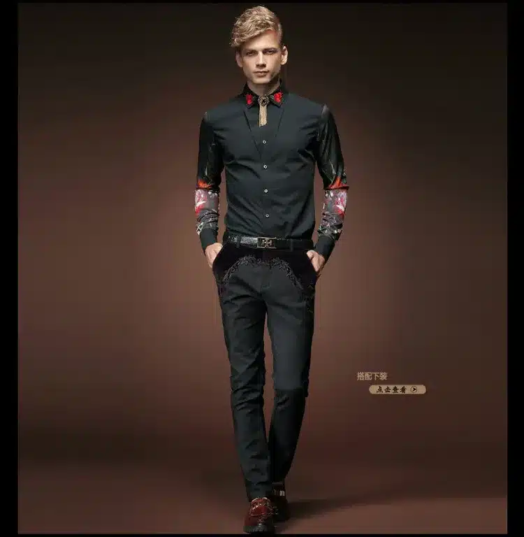 Free Shipping New fashion casual men's personality male Korean long sleeved shirt black embroidery flower shirt 2033 FanZhuan 17