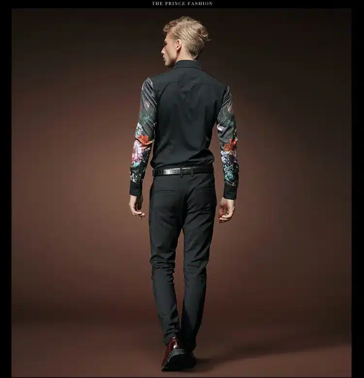 Free Shipping New fashion casual men's personality male Korean long sleeved shirt black embroidery flower shirt 2033 FanZhuan 19