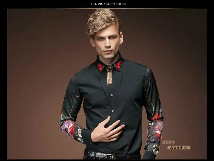 Free Shipping New fashion casual men's personality male Korean long sleeved shirt black embroidery flower shirt 2033 FanZhuan 20