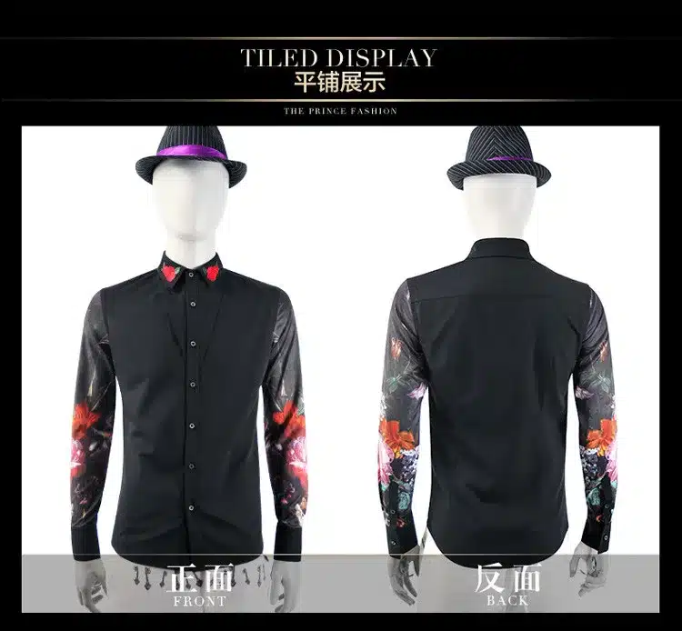 Free Shipping New fashion casual men's personality male Korean long sleeved shirt black embroidery flower shirt 2033 FanZhuan 24