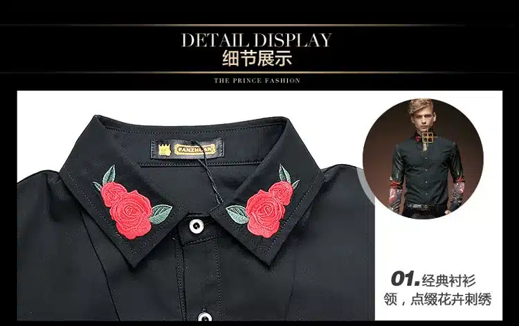 Free Shipping New fashion casual men's personality male Korean long sleeved shirt black embroidery flower shirt 2033 FanZhuan 25