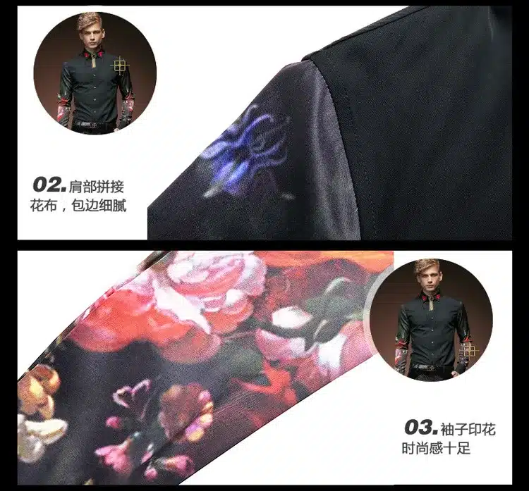 Free Shipping New fashion casual men's personality male Korean long sleeved shirt black embroidery flower shirt 2033 FanZhuan 26