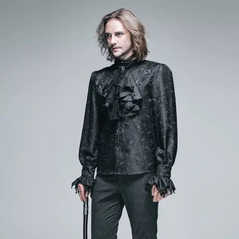 Punk Gothic Men Tuxedo Shirt Fashion Novelty Black Palace Blouses Stage Shirt Men Long Sleeve Printing Shirt Blouse 2