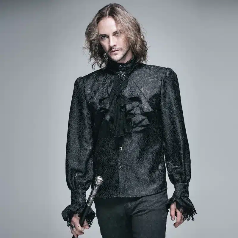 Punk Gothic Men Tuxedo Shirt Fashion Novelty Black Palace Blouses Stage Shirt Men Long Sleeve Printing Shirt Blouse 3