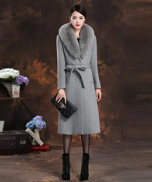 2016 Winter New Arrive High Quality Women Fox Fur Collar Cashmere Wool Warm Trench Noble Sashes Slim Long Maxi Coat Female 26