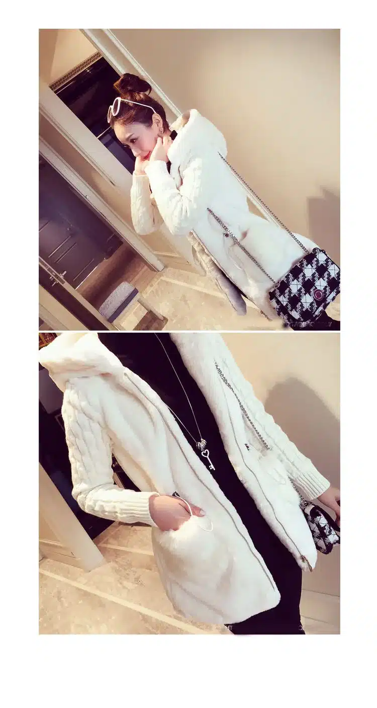 2017 Autumn Winter Women Cloth Cotton Blend Coat Slim Fashion Knit Stitching Plush Thickened with Hat Cute Girl Coats Jackets 14