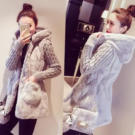2017 Autumn Winter Women Cloth Cotton Blend Coat Slim Fashion Knit Stitching Plush Thickened with Hat Cute Girl Coats Jackets 15