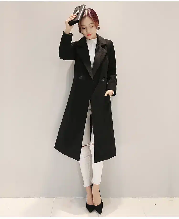 Women's Cashmere Coat 2017 New V-neck Solid Trench Woolen Coat Woman Warm Winter Jacket Overcoat Female Long Outwear Pocket 18