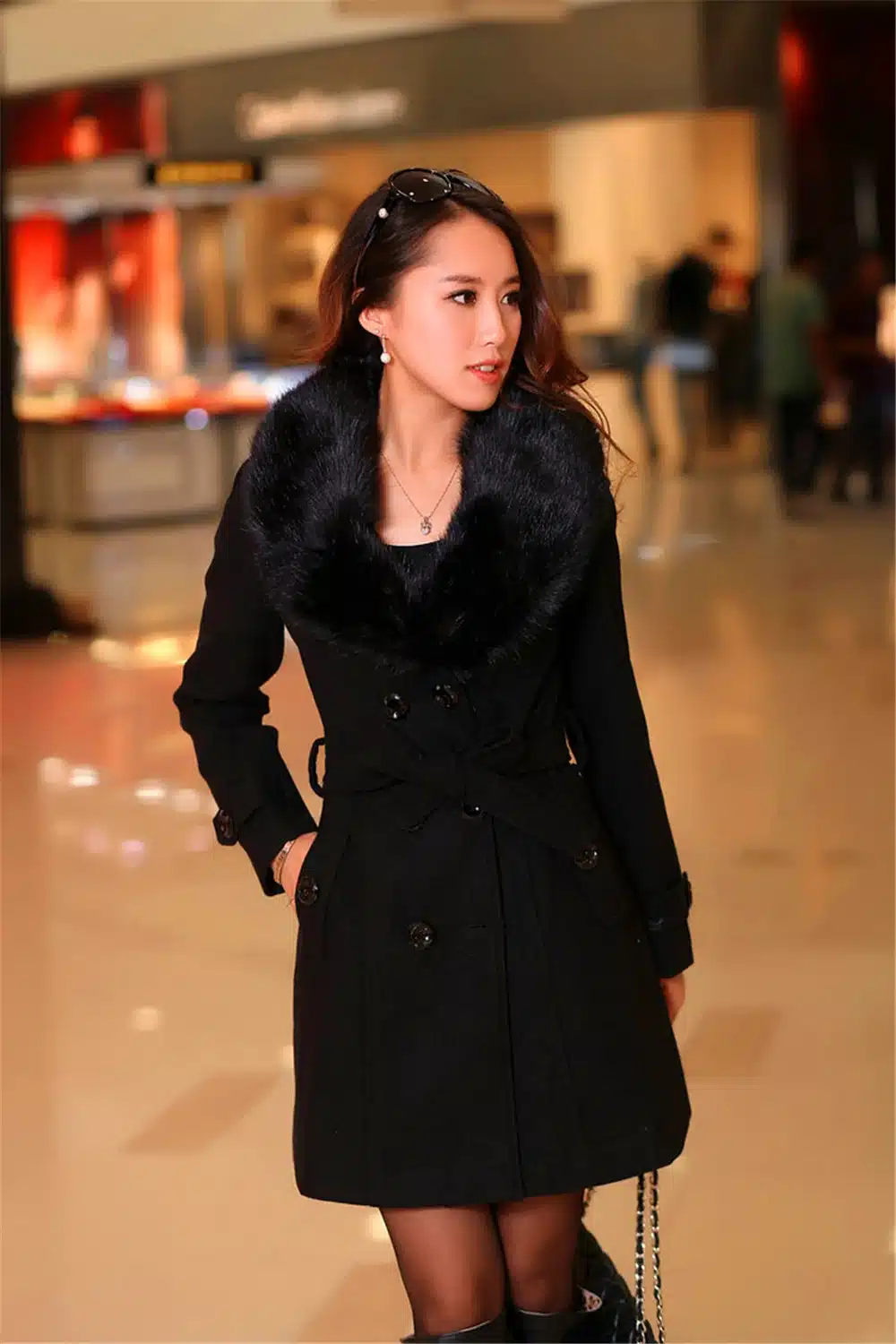 WMWMNU New Winter Coat Women Woolen Coat Zipper Lady Overcoats Jacket Warm Pink Big Fur Collar Double Breasted Outwears Female 5