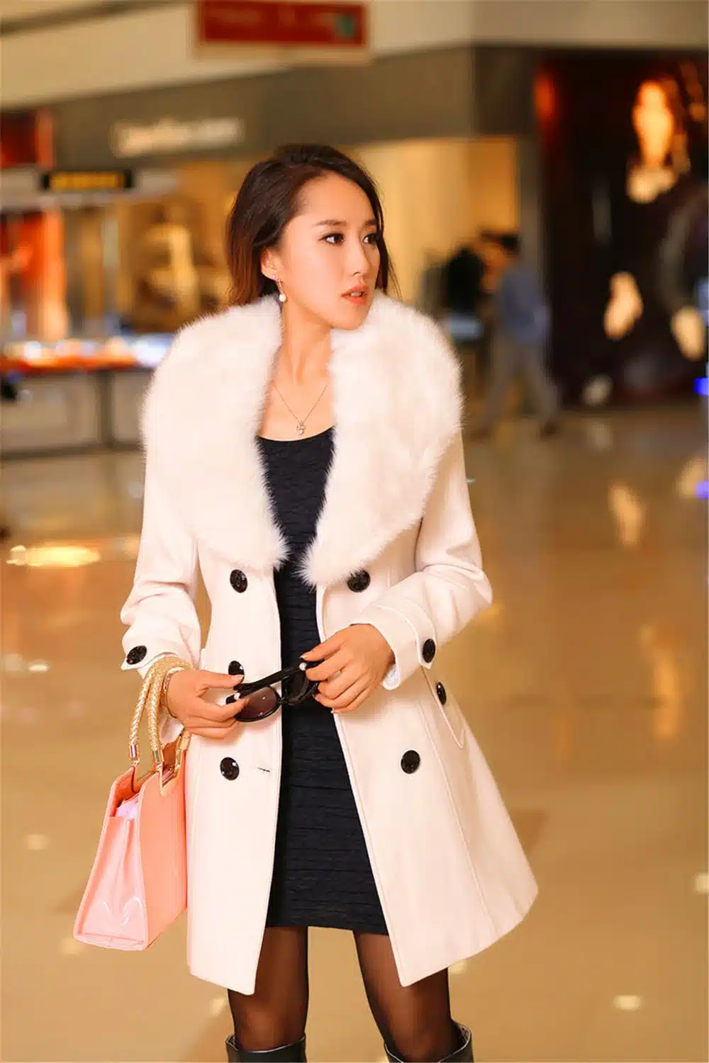 WMWMNU New Winter Coat Women Woolen Coat Zipper Lady Overcoats Jacket Warm Pink Big Fur Collar Double Breasted Outwears Female 7