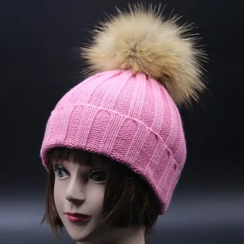 2017 Fashion Children Baby Winter Raccoon Fur Hat 15cm Fur pompom Beanies Cap Natural Fur Hats For Kids Children 17