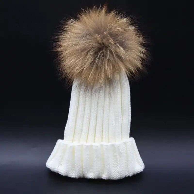 2017 Fashion Children Baby Winter Raccoon Fur Hat 15cm Fur pompom Beanies Cap Natural Fur Hats For Kids Children 21