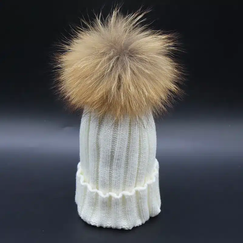 2017 Fashion Children Baby Winter Raccoon Fur Hat 15cm Fur pompom Beanies Cap Natural Fur Hats For Kids Children 22