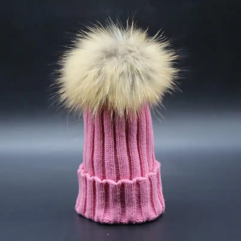 2017 Fashion Children Baby Winter Raccoon Fur Hat 15cm Fur pompom Beanies Cap Natural Fur Hats For Kids Children 23