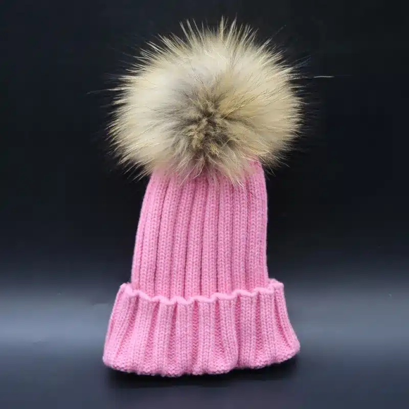 2017 Fashion Children Baby Winter Raccoon Fur Hat 15cm Fur pompom Beanies Cap Natural Fur Hats For Kids Children 24