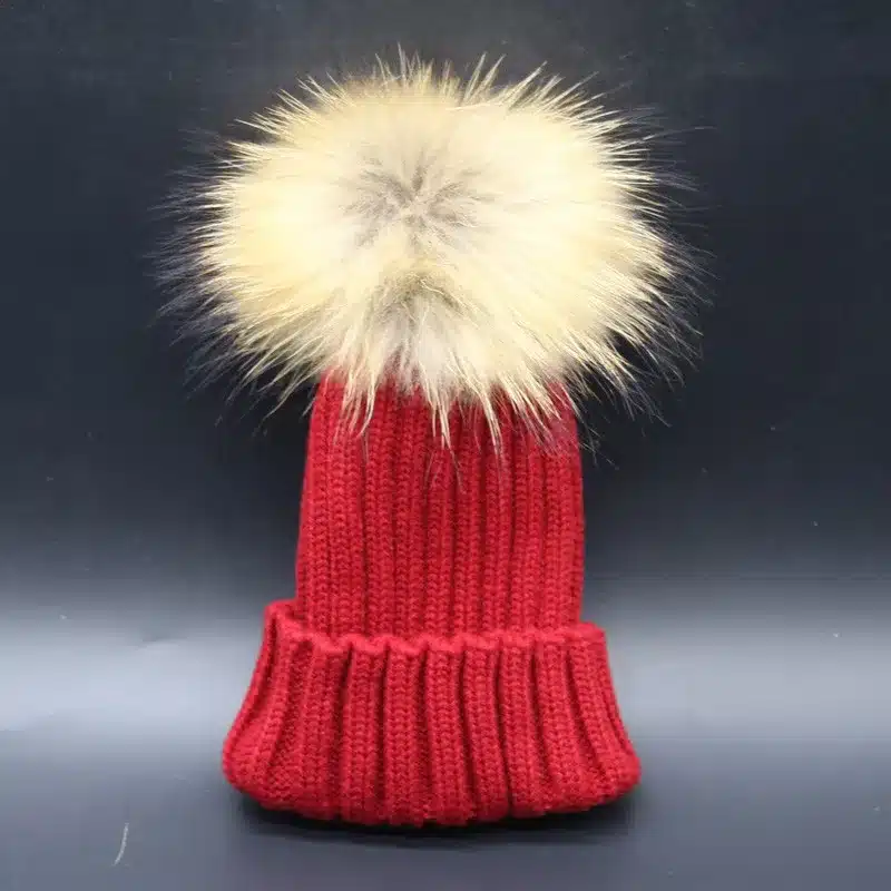 2017 Fashion Children Baby Winter Raccoon Fur Hat 15cm Fur pompom Beanies Cap Natural Fur Hats For Kids Children 29