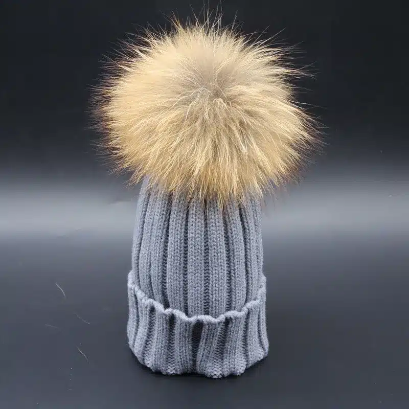 2017 Fashion Children Baby Winter Raccoon Fur Hat 15cm Fur pompom Beanies Cap Natural Fur Hats For Kids Children 32