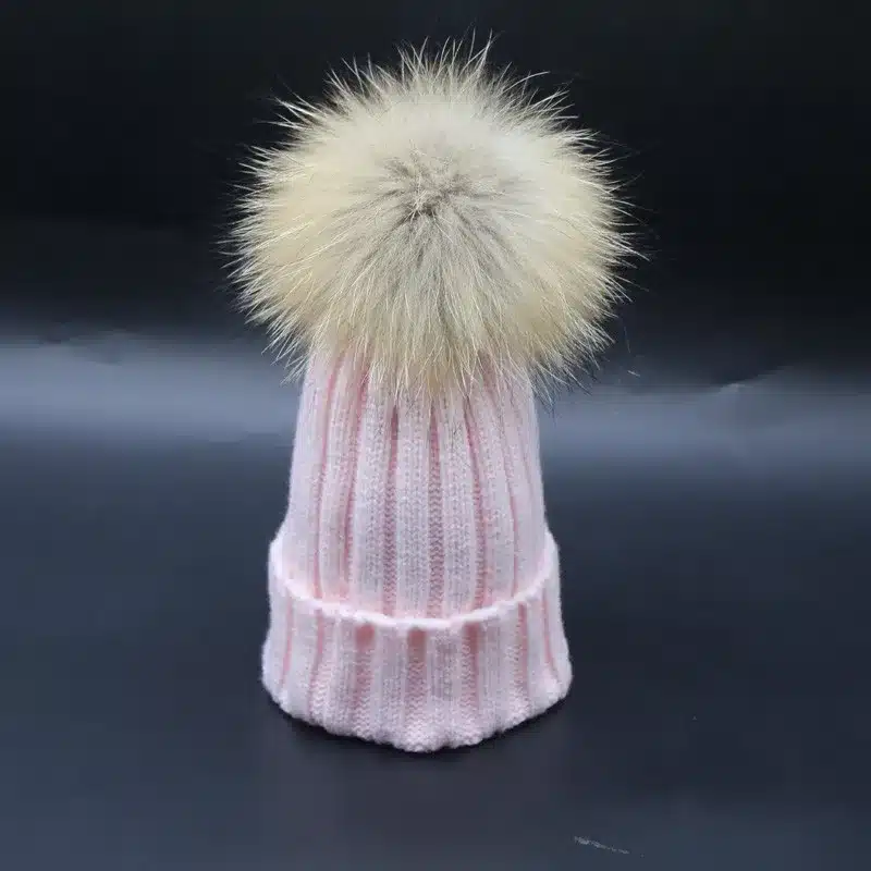 2017 Fashion Children Baby Winter Raccoon Fur Hat 15cm Fur pompom Beanies Cap Natural Fur Hats For Kids Children 35
