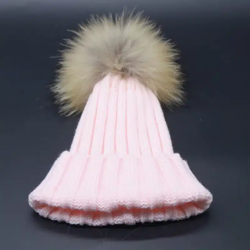 2017 Fashion Children Baby Winter Raccoon Fur Hat 15cm Fur pompom Beanies Cap Natural Fur Hats For Kids Children 36