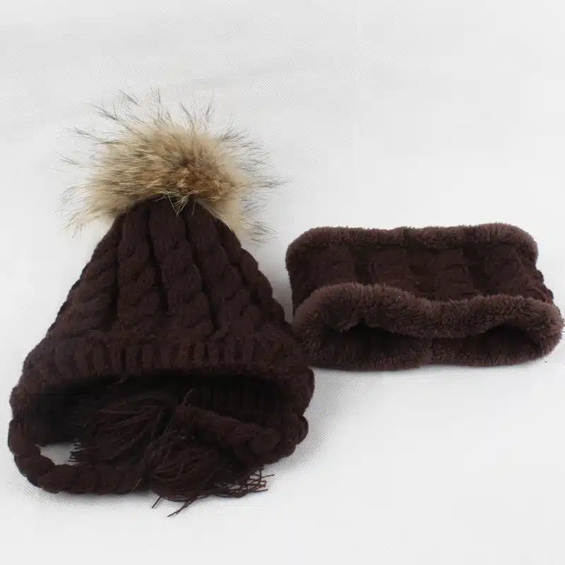FURANDOWN Baby Winter Fur Pompom Hats Children Warm Scarf Beanie Set Ear Protection Cap Kids Boys Girls 17