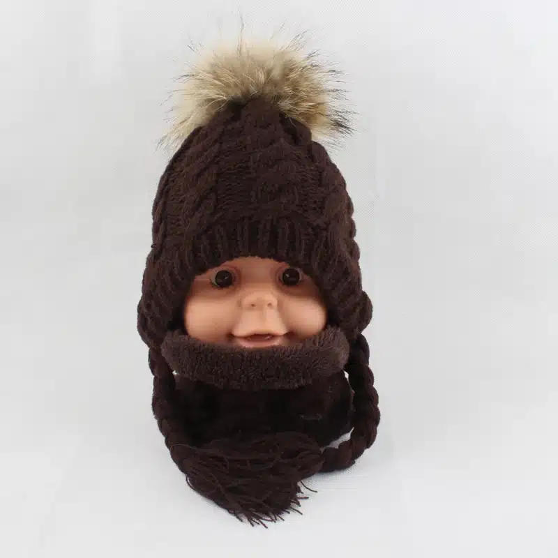 FURANDOWN Baby Winter Fur Pompom Hats Children Warm Scarf Beanie Set Ear Protection Cap Kids Boys Girls 19