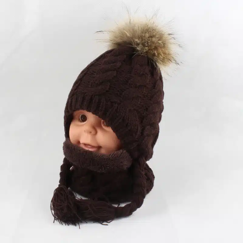 FURANDOWN Baby Winter Fur Pompom Hats Children Warm Scarf Beanie Set Ear Protection Cap Kids Boys Girls 20