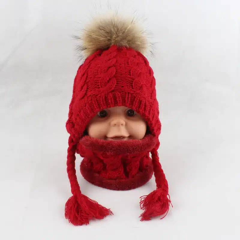 FURANDOWN Baby Winter Fur Pompom Hats Children Warm Scarf Beanie Set Ear Protection Cap Kids Boys Girls 21