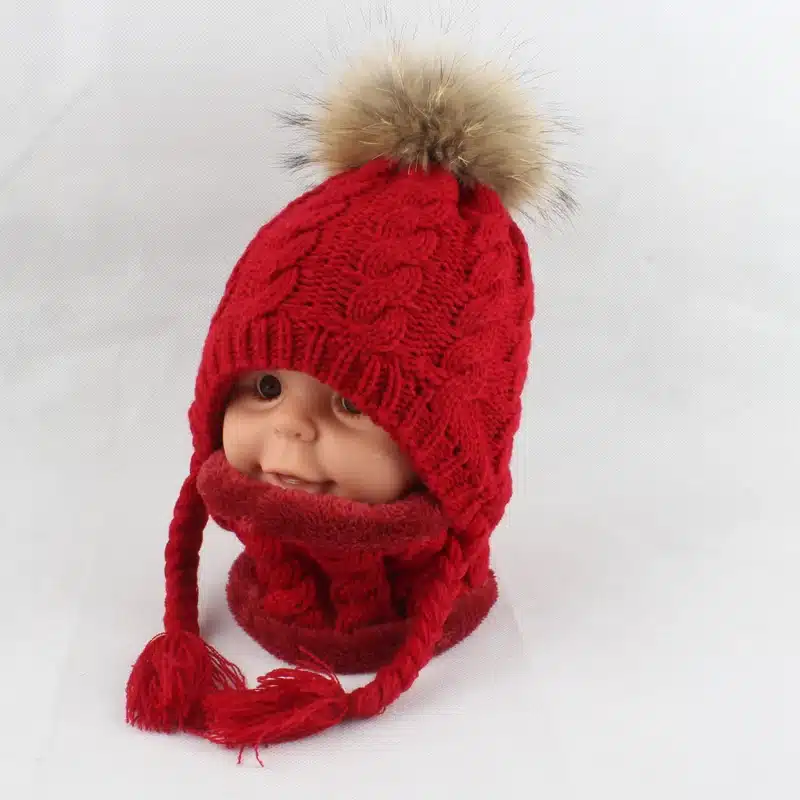 FURANDOWN Baby Winter Fur Pompom Hats Children Warm Scarf Beanie Set Ear Protection Cap Kids Boys Girls 22