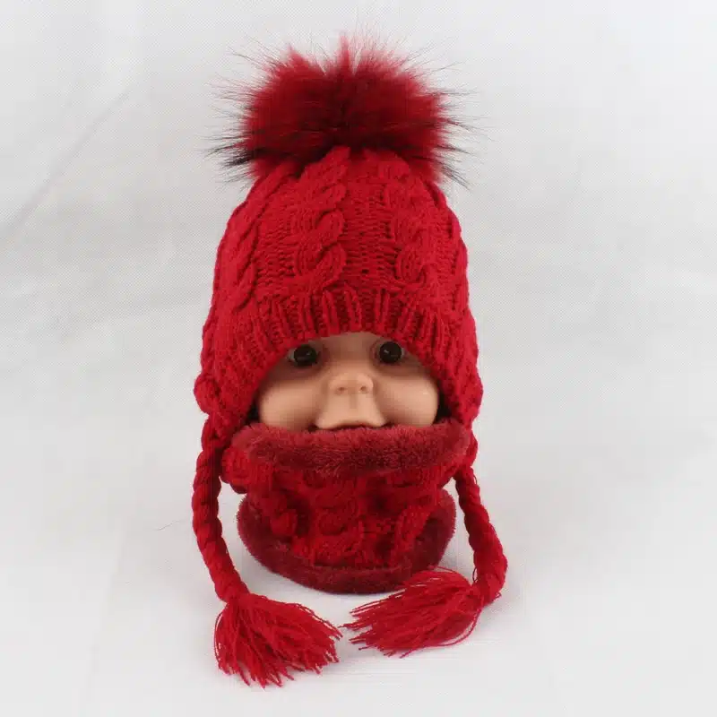 FURANDOWN Baby Winter Fur Pompom Hats Children Warm Scarf Beanie Set Ear Protection Cap Kids Boys Girls 23