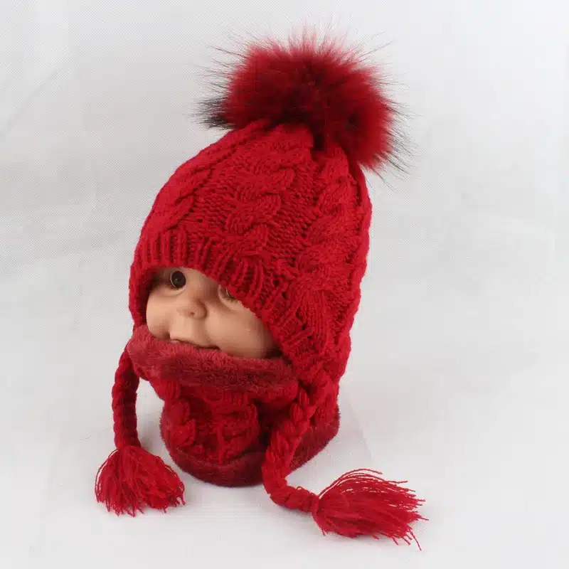 FURANDOWN Baby Winter Fur Pompom Hats Children Warm Scarf Beanie Set Ear Protection Cap Kids Boys Girls 24