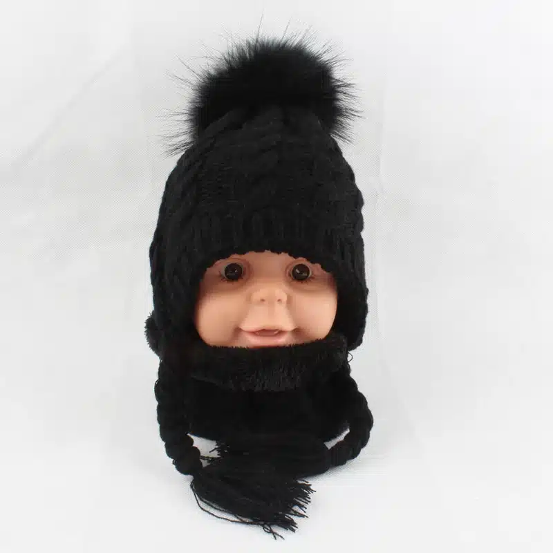 FURANDOWN Baby Winter Fur Pompom Hats Children Warm Scarf Beanie Set Ear Protection Cap Kids Boys Girls 25