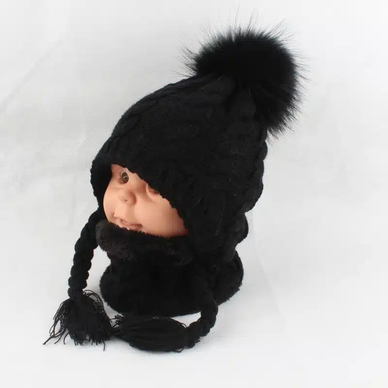 FURANDOWN Baby Winter Fur Pompom Hats Children Warm Scarf Beanie Set Ear Protection Cap Kids Boys Girls 26