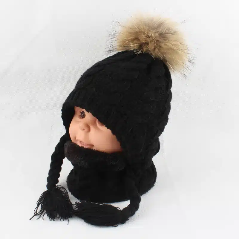 FURANDOWN Baby Winter Fur Pompom Hats Children Warm Scarf Beanie Set Ear Protection Cap Kids Boys Girls 27