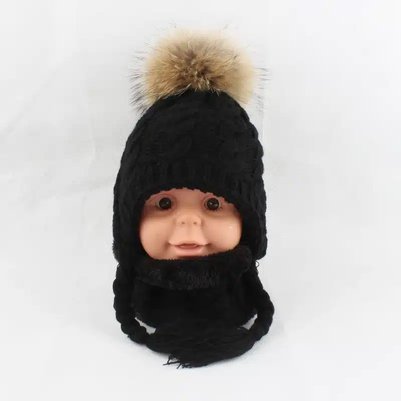 FURANDOWN Baby Winter Fur Pompom Hats Children Warm Scarf Beanie Set Ear Protection Cap Kids Boys Girls 28