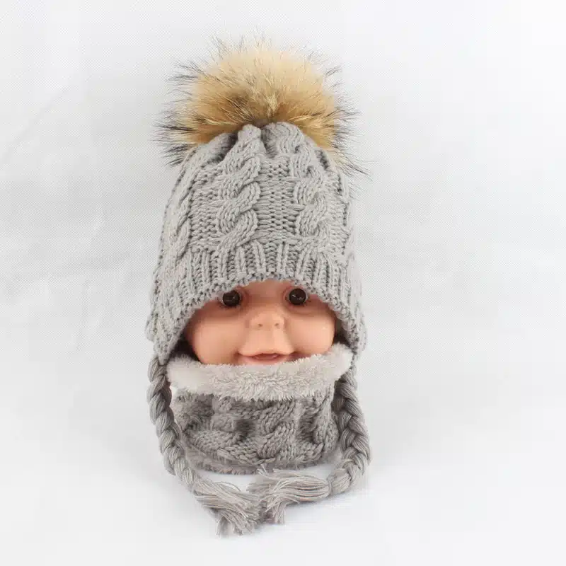 FURANDOWN Baby Winter Fur Pompom Hats Children Warm Scarf Beanie Set Ear Protection Cap Kids Boys Girls 29