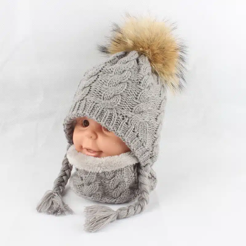 FURANDOWN Baby Winter Fur Pompom Hats Children Warm Scarf Beanie Set Ear Protection Cap Kids Boys Girls 30