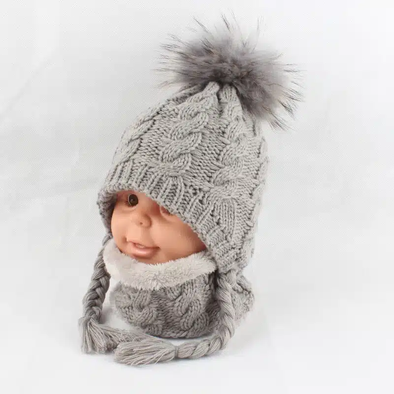 FURANDOWN Baby Winter Fur Pompom Hats Children Warm Scarf Beanie Set Ear Protection Cap Kids Boys Girls 32