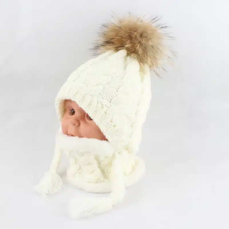 FURANDOWN Baby Winter Fur Pompom Hats Children Warm Scarf Beanie Set Ear Protection Cap Kids Boys Girls 36