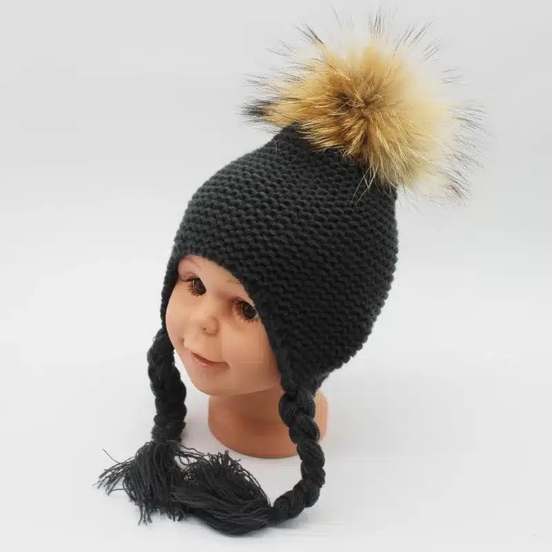 FURANDOWN 2017 Fashion Kids Winter Raccoon Fur Hats For Children Girls Knitted Wool Earflap Beanies Cap Crochet Baby Hat 32