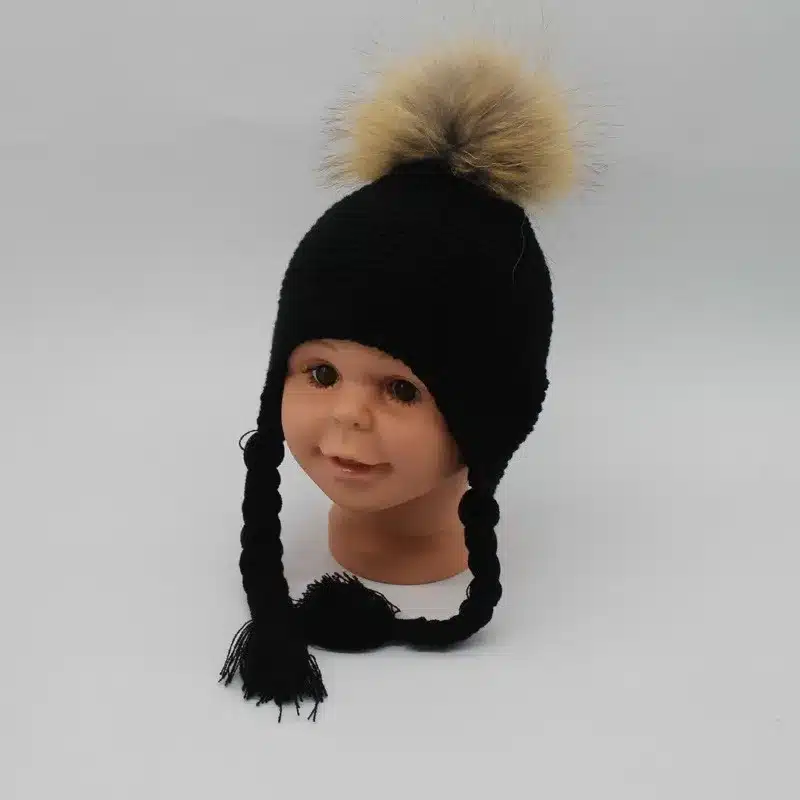 FURANDOWN 2017 Fashion Kids Winter Raccoon Fur Hats For Children Girls Knitted Wool Earflap Beanies Cap Crochet Baby Hat 36