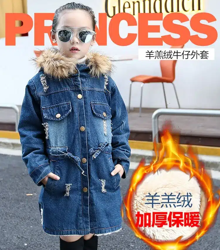 2017 children kids girls denim jacket large fur collar cotton denim outerwear Autumn Winter plus thick velvet jacket for girls 12