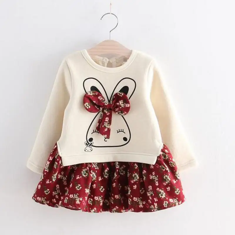 Danmoke Cute Rabbit and Flowers Printed Girls Long Sleeve Dress 2017 Winter Autumn Baby Girl Princess Dress 2 Color 20