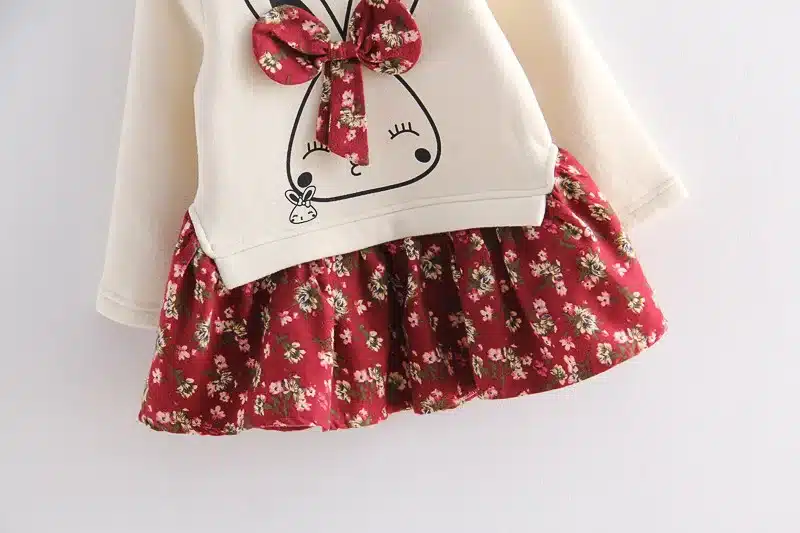 Danmoke Cute Rabbit and Flowers Printed Girls Long Sleeve Dress 2017 Winter Autumn Baby Girl Princess Dress 2 Color 22