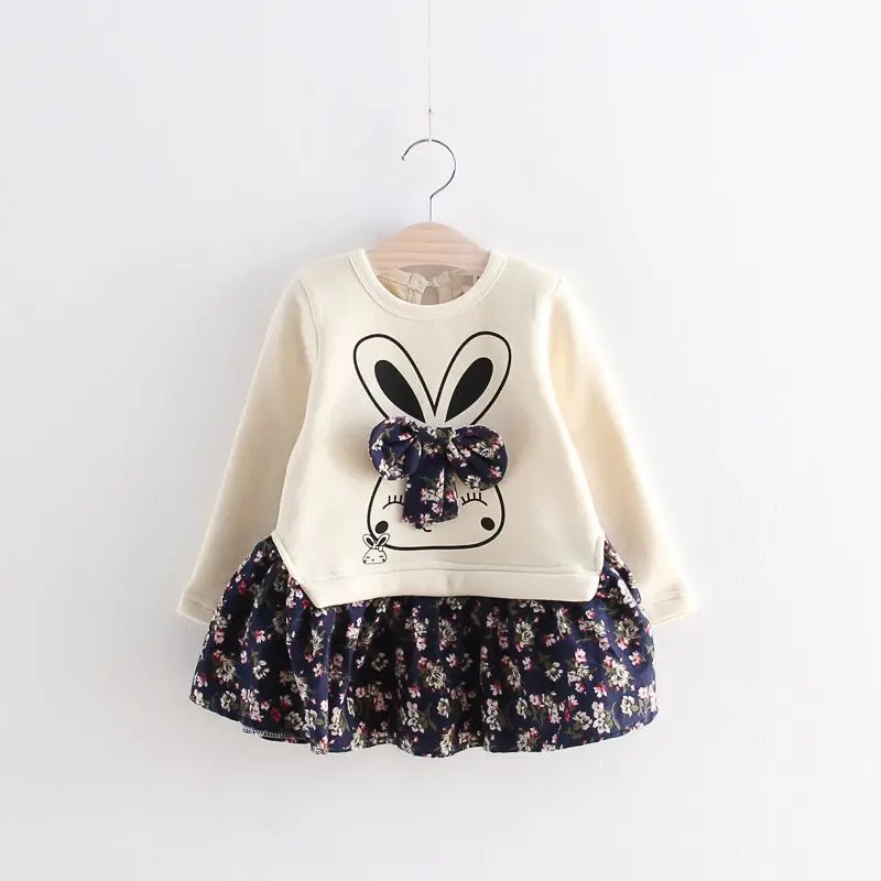 Danmoke Cute Rabbit and Flowers Printed Girls Long Sleeve Dress 2017 Winter Autumn Baby Girl Princess Dress 2 Color 29