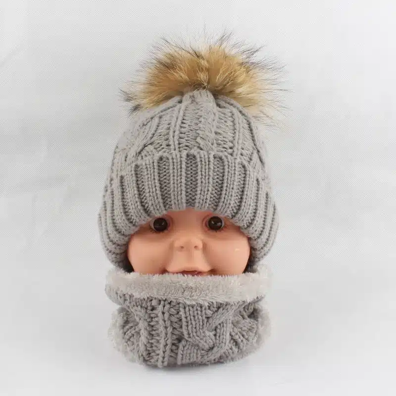 Children kids Winter Hat Scarf set Raccoon Fur Ball Hat Pom pom Beanies Baby Girls Warm Fleece Cap Scarf Set 16