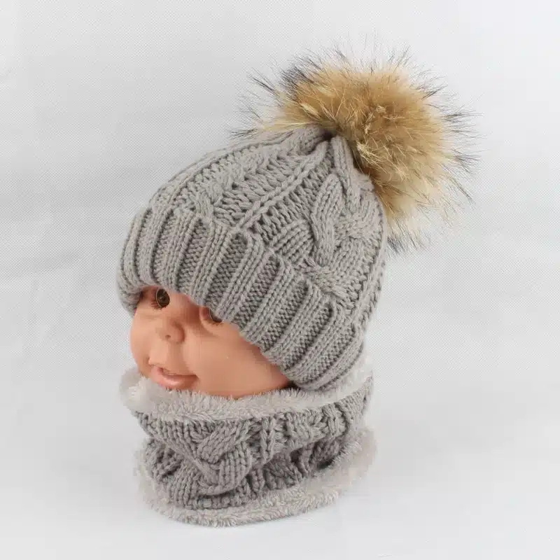 Children kids Winter Hat Scarf set Raccoon Fur Ball Hat Pom pom Beanies Baby Girls Warm Fleece Cap Scarf Set 17
