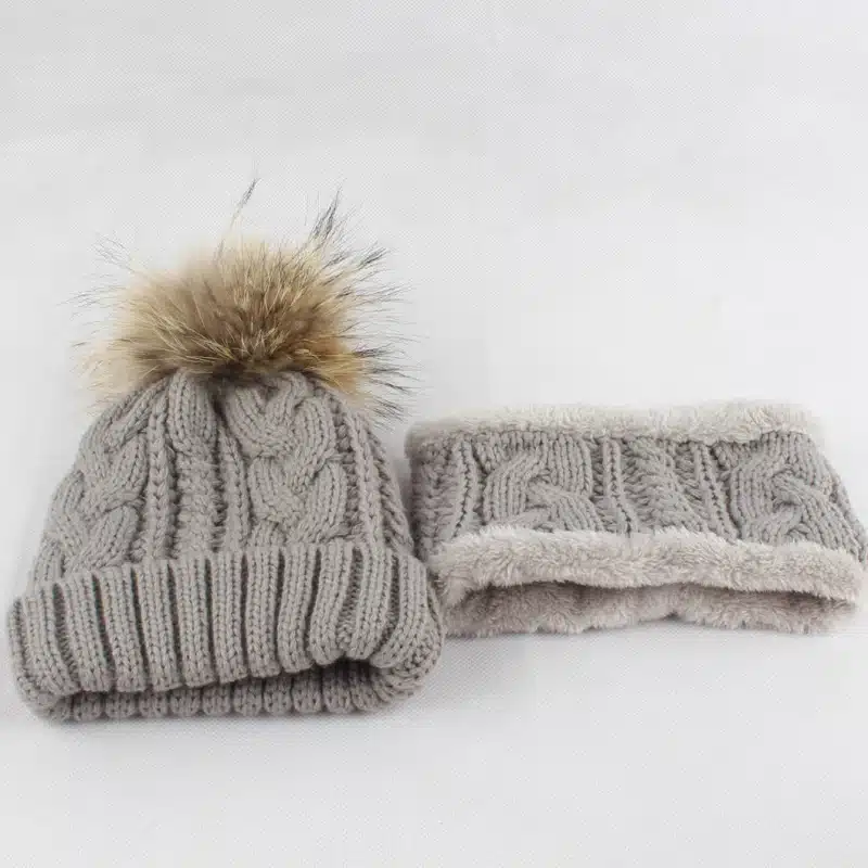 Children kids Winter Hat Scarf set Raccoon Fur Ball Hat Pom pom Beanies Baby Girls Warm Fleece Cap Scarf Set 18
