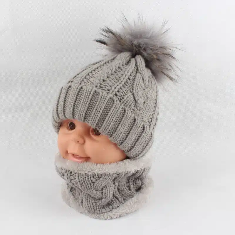 Children kids Winter Hat Scarf set Raccoon Fur Ball Hat Pom pom Beanies Baby Girls Warm Fleece Cap Scarf Set 19
